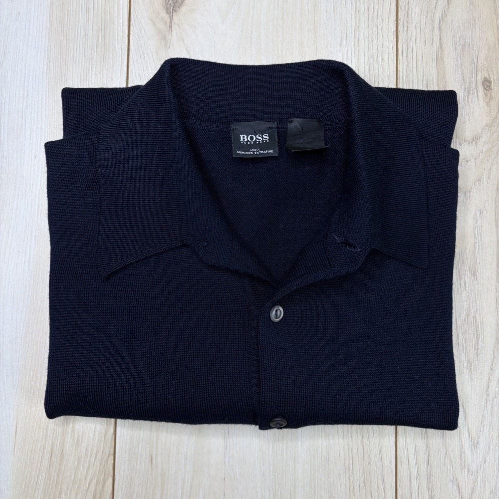 Hugo Boss Navy Long Sleeve Polo Knit Sweater Extrafine Merino Wool Men's Large